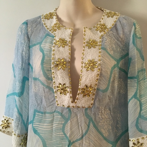 CHRISTIANE CELLE CALYPSO Pure Silk Chiffon Embellished Beach Blouse XS - Picture 2 of 7
